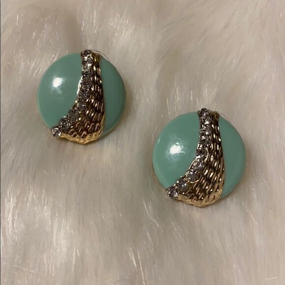 Mint Green Gold with Faux Paved Diamond Round Enamel Earrings with Post Backs - Picture 4 of 6